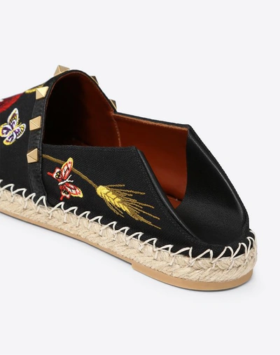 Shop Valentino Garavani Poppy Embroidery Rockstud Double Espadrilles Women Black 100% Cotton 40