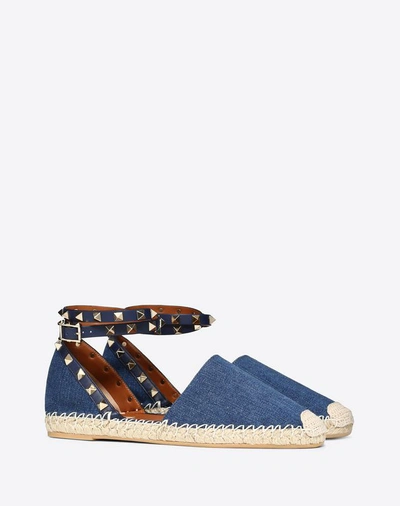 Shop Valentino Garavani Denim Rockstud Double Flat Espadrilles In Blue