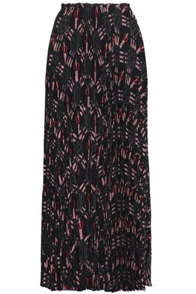 Shop Valentino Woman Pleated Printed Silk Crepe De Chine Maxi Skirt Black