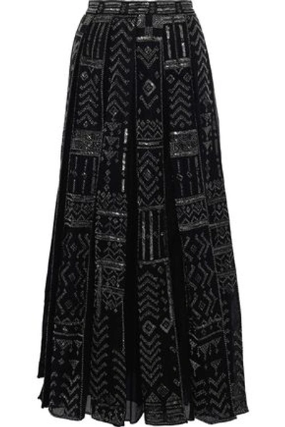 Shop Valentino Embellished Wool And Silk-blend Mesh Maxi Skirt In Black