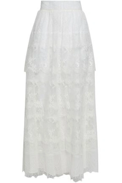 Shop Valentino Tiered Lace Maxi Skirt In Ivory