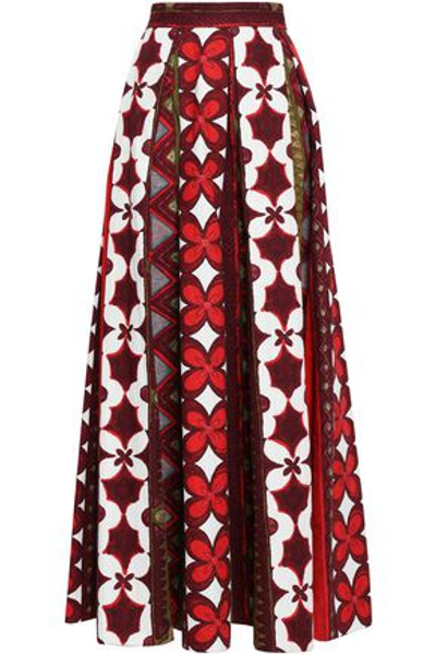 Shop Valentino Pleated Printed Cotton And Linen-blend Maxi Skirt In Burgundy