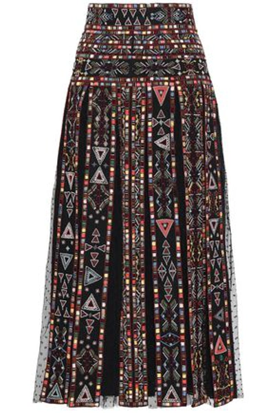 Shop Valentino Woman Embellished Pleated Point D'esprit-paneled Woven Midi Skirt Black