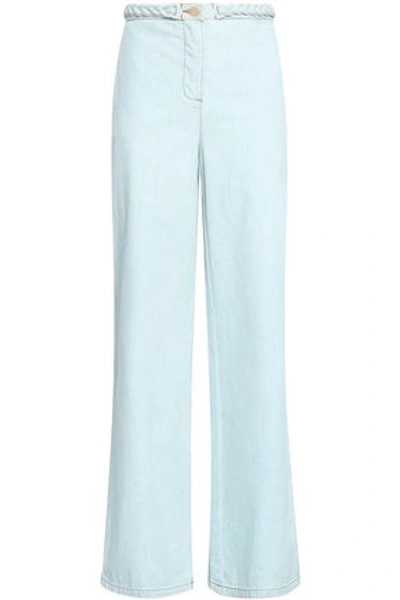 Shop Valentino Braid-trimmed High-rise Wide-leg Jeans In Light Denim
