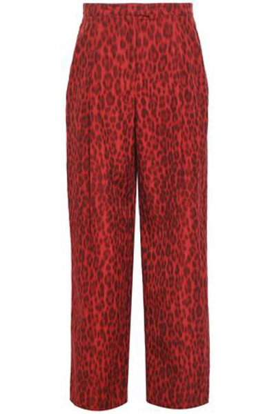 Shop Valentino Leopard-print Cotton And Silk-blend Wide-leg Pants In Claret