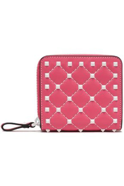 Shop Valentino Studded Quilted Textured-leather Wallet In Bubblegum