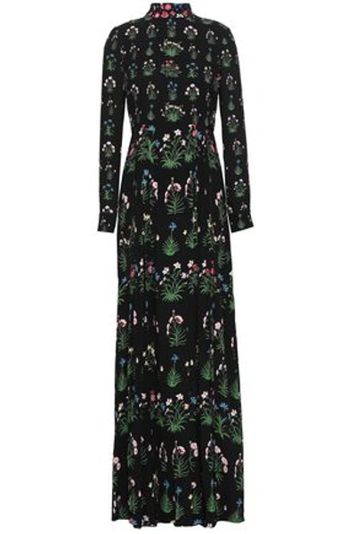 Shop Valentino Woman Pleated Floral-print Silk Crepe De Chine Gown Black