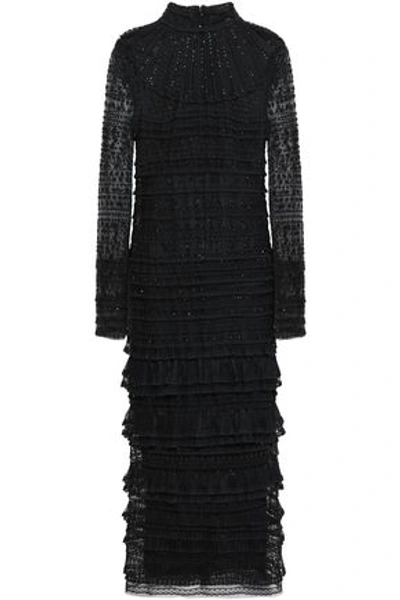 Shop Valentino Tiered Embellished Silk-tulle And Lace Midi Dress In Black