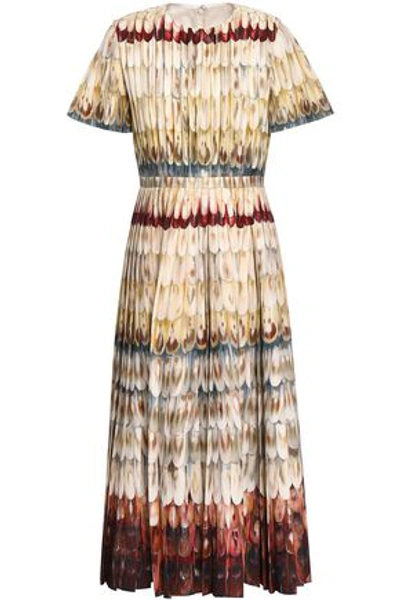 Shop Valentino Woman Pleated Printed Wool And Silk-blend Midi Dress Pastel Yellow In Multicolor