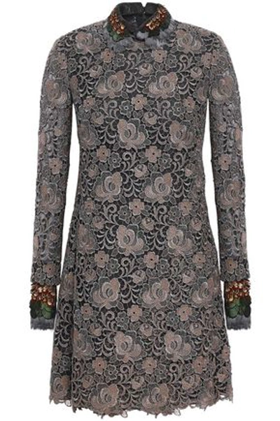 Shop Valentino Woman Faux Feather-trimmed Metallic Guipure Lace Mini Dress Taupe