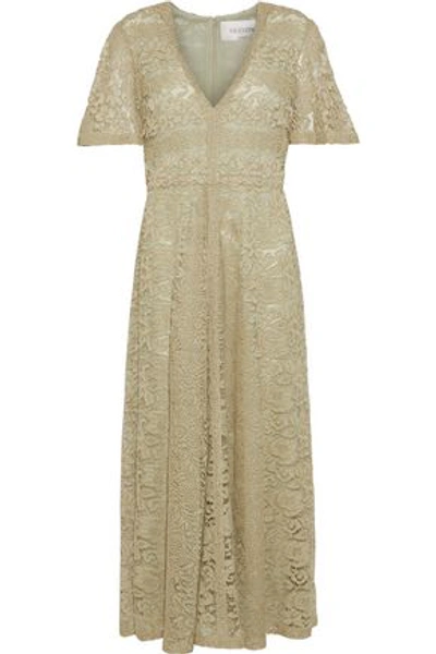 Shop Valentino Metallic Lace Midi Dress In Sage Green