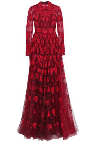 Shop Valentino Woman Pleated Bead-embellished Tulle Gown Claret