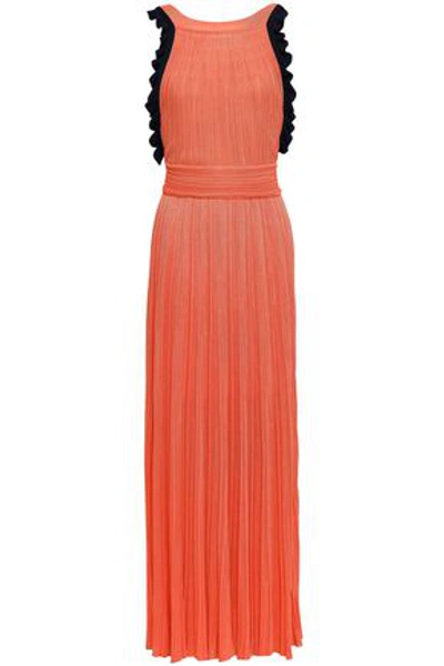 Shop Antonino Valenti Woman Ruffle-trimmed Ribbed-knit Maxi Dress Peach