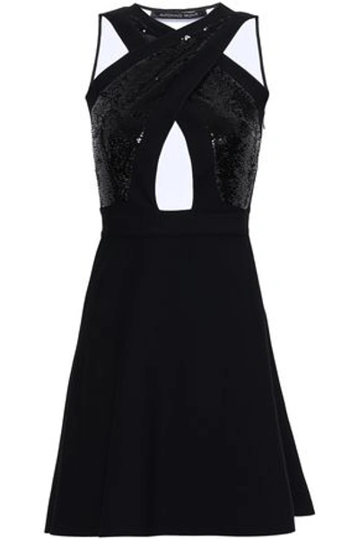 Shop Antonino Valenti Woman Sequin-embellished Cutout Stretch-knit Mini Dress Black