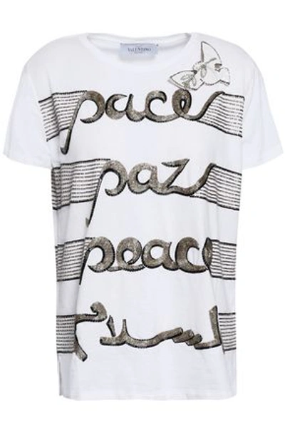 Shop Valentino Embellished Cotton-jersey T-shirt In White