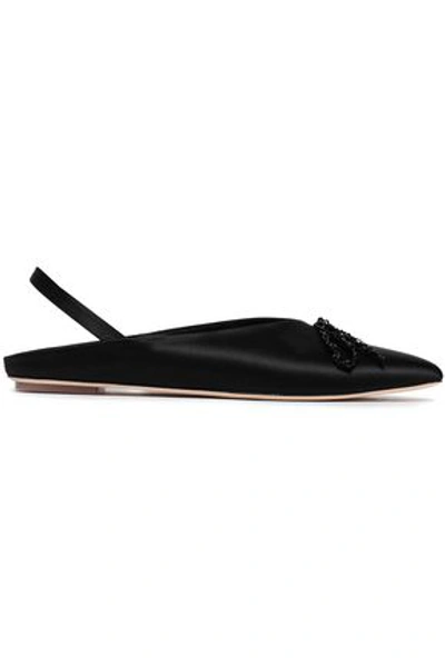 Shop Simone Rocha Bow-embellished Satin Slingback Point-toe Flats In Black