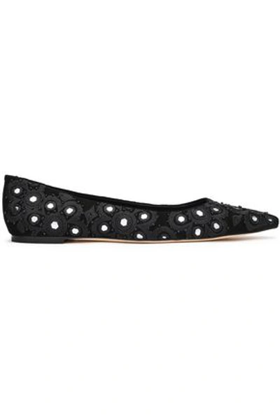 Shop Tory Burch Embellished Embroidered Suede Point-toe Flats In Black