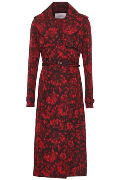Shop Valentino Woman Belted Printed Cotton And Silk-blend Trench Coat Crimson