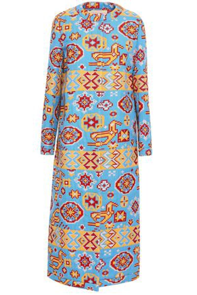 Shop Valentino Woman Metallic Cotton-blend Jacquard Coat Azure