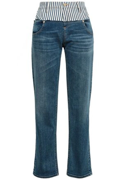 Shop Roberto Cavalli Woman Paneled Faded High-rise Straight-leg Jeans Mid Denim