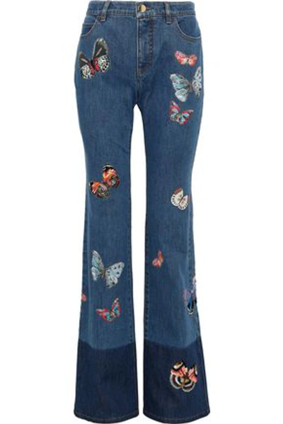 Shop Valentino Embroidered Two-tone Mid-rise Bootcut Jeans In Mid Denim