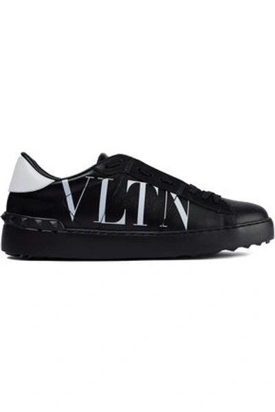 Shop Valentino Open Studded Logo-print Leather Sneakers In Black