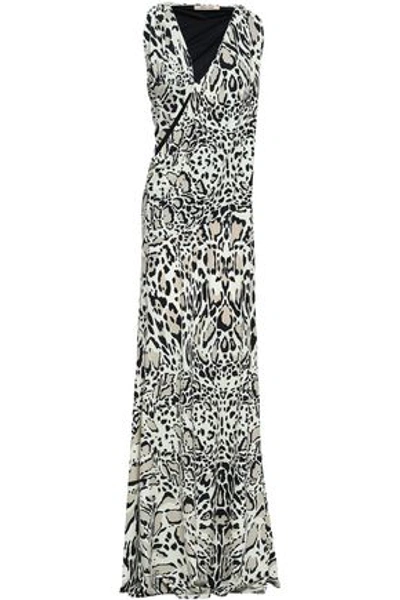 Shop Roberto Cavalli Woman Animal-print Cutout Stretch-jersey Maxi Dress Ivory