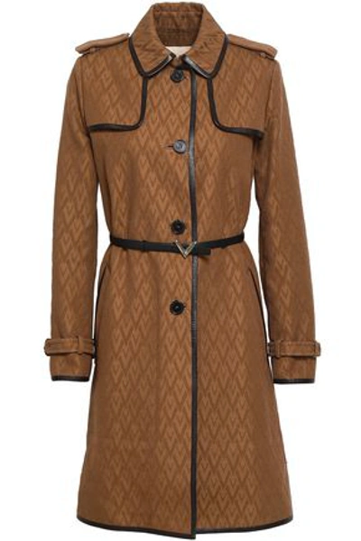 Shop Valentino Woman Leather-trimmed Cotton-blend Jacquard Trench Coat Light Brown