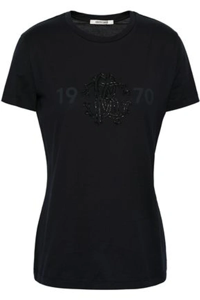 Shop Roberto Cavalli Appliquéd Cotton-jersey T-shirt In Black