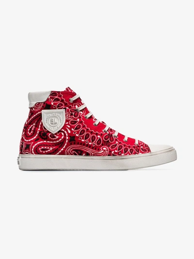 Shop Saint Laurent Red Bandana Print Cotton High Top Sneakers