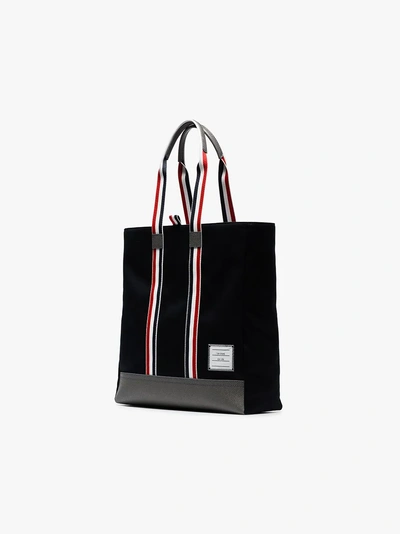 Shop Thom Browne Navy Blue Tricolour Handle Cotton Tote Bag In 415 Navy