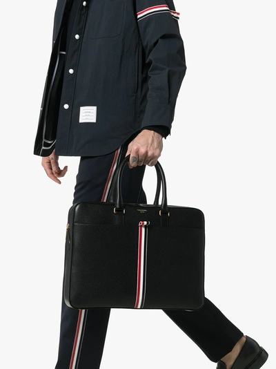 Shop Thom Browne Black Tricolour Logo Stripe Leather Laptop Bag