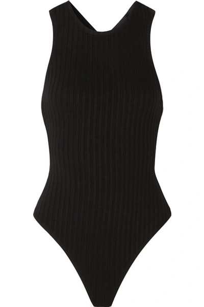 Shop The Range Framed Satin-trimmed Ribbed Stretch-jersey Thong Bodysuit In Black