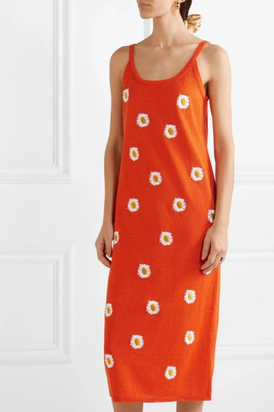 Shop Mansur Gavriel Embroidered Stretch Linen-blend Dress In Bright Orange