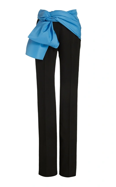 Shop Carolina Herrera Satin-trimmed Crepe Straight-leg Pants In Blue