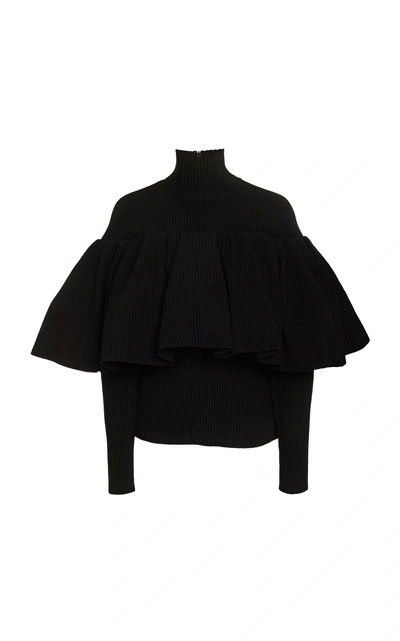 Shop Carolina Herrera Ruffle-trimmed Rib Knit Sweater In Black