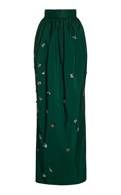 Shop Carolina Herrera Pleated Embellished Silk Maxi Skirt In Green