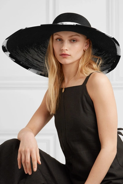 Shop Eugenia Kim Sydney Printed Grosgrain-trimmed Woven Faux Raffia Hat In Black