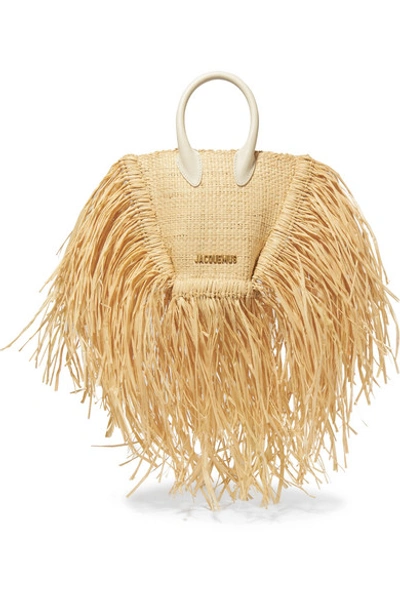 Shop Jacquemus Le Petite Baci Small Leather-trimmed Fringed Raffia Tote