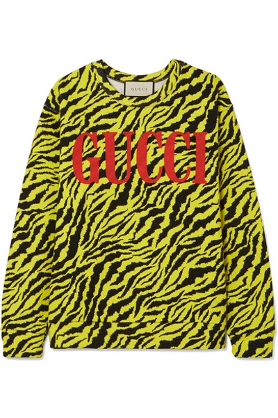 Shop Gucci Neon Tiger-print Cotton-jersey Sweatshirt In Yellow