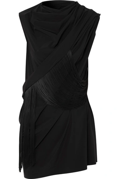 Shop Rick Owens Fringed Draped Stretch-satin Top In Black