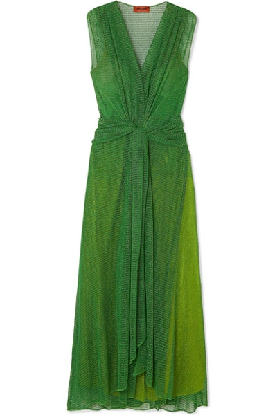 Shop Missoni Twist-front Metallic Open-knit Maxi Dress In Green