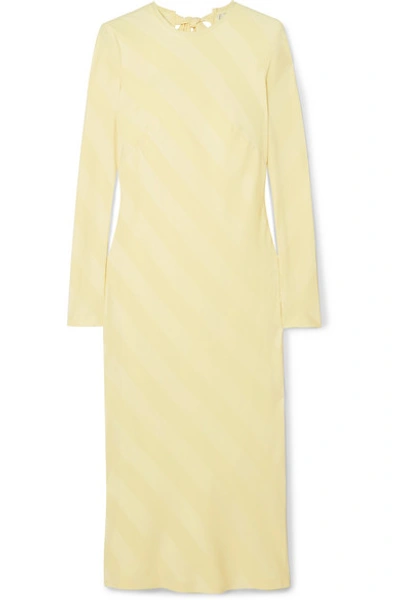 Shop Rebecca Vallance Dolores Bow-detailed Striped Satin-jacquard Midi Dress In Yellow
