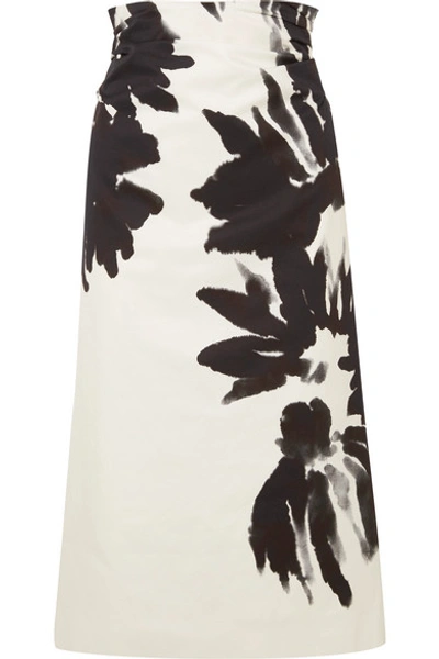 Shop Dries Van Noten Ruched Floral-print Cotton-twill Midi Skirt In Black