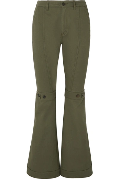 Shop Loewe Button-detailed Cotton-twill Flared Pants In Army Green