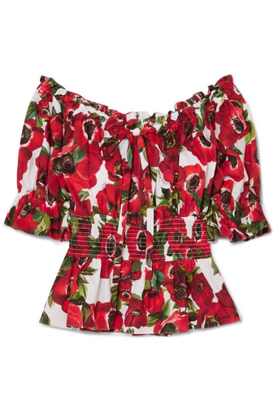 Shop Dolce & Gabbana Off-the-shoulder Ruffled Floral-print Cotton-poplin Blouse In Red