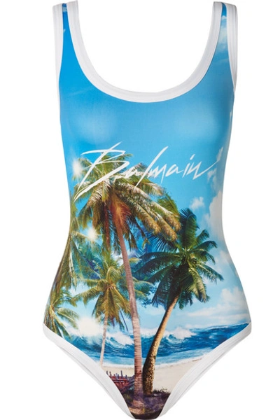 Shop Balmain Printed Swimsuit In Blue