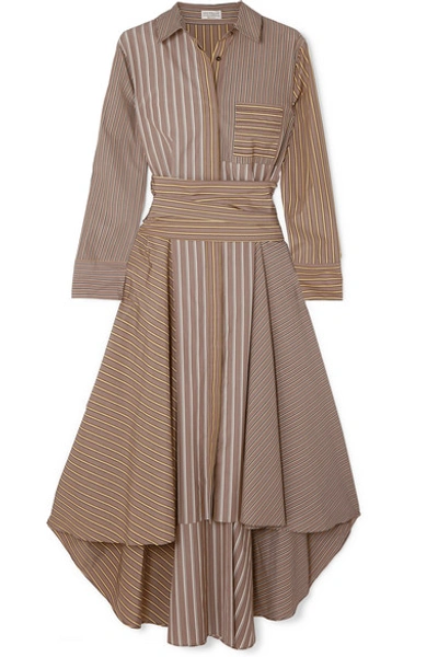 Shop Brunello Cucinelli Asymmetric Striped Cotton-poplin Dress In Camel