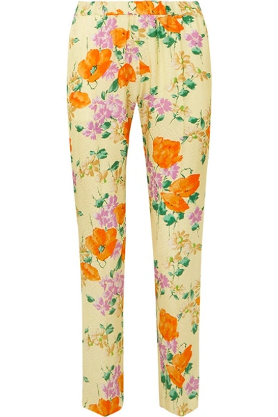 Shop Dries Van Noten Floral-print Satin-jacquard Slim-leg Pants In Yellow