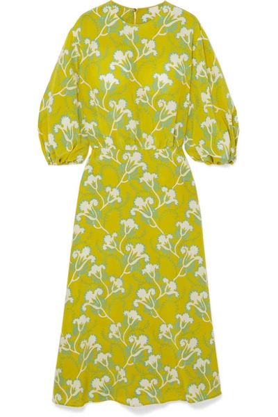 Shop Valentino Floral-print Silk-crepe Midi Dress In Chartreuse